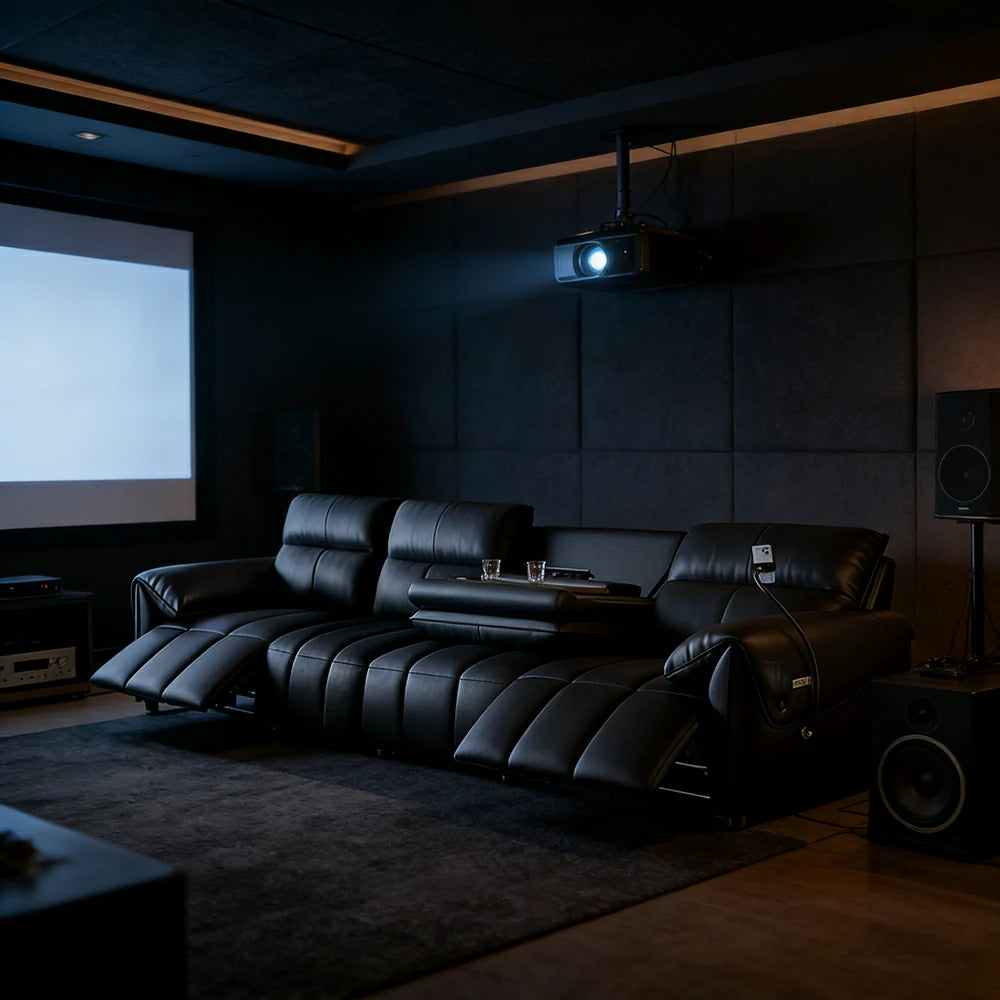 LUXORA 322/362cm Triple Electric Recliner Sofa 4-Seater Flip-Back Center Genuine Leather Zero-Wall Comfort - Black