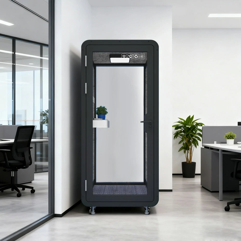 MODERA BJK-101021 Steel Panel 1.0x1.0m Compact Soundproof Office Booth w/ Lighting, Ventilation & Casters - Black