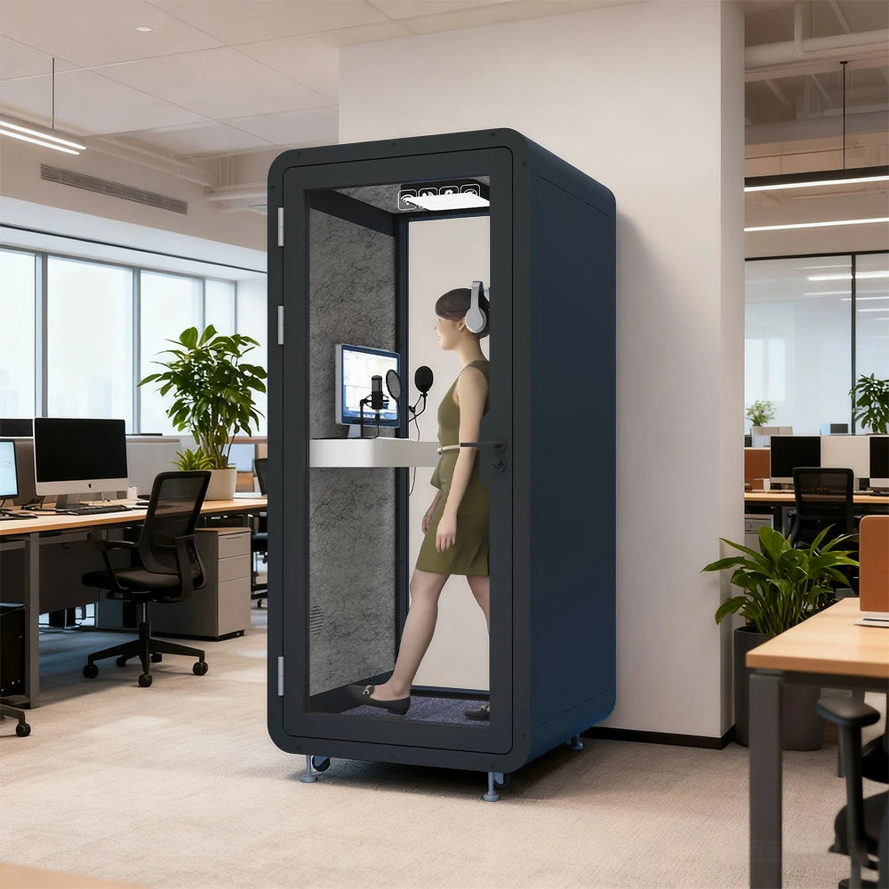 MODERA BJK-101021 Steel Panel 1.0x1.0m Compact Soundproof Office Booth w/ Lighting, Ventilation & Casters - Black