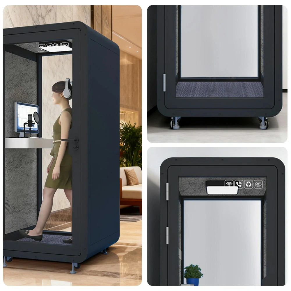 MODERA BJK-101021 Steel Panel 1.0x1.0m Compact Soundproof Office Booth w/ Lighting, Ventilation & Casters - Black