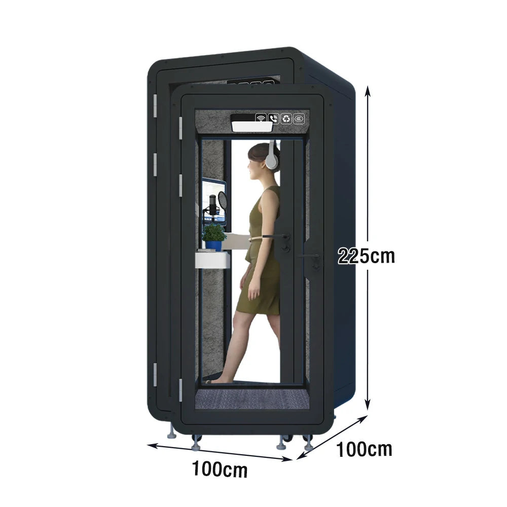 MODERA BJK-101021 Steel Panel 1.0x1.0m Compact Soundproof Office Booth w/ Lighting, Ventilation & Casters - Black