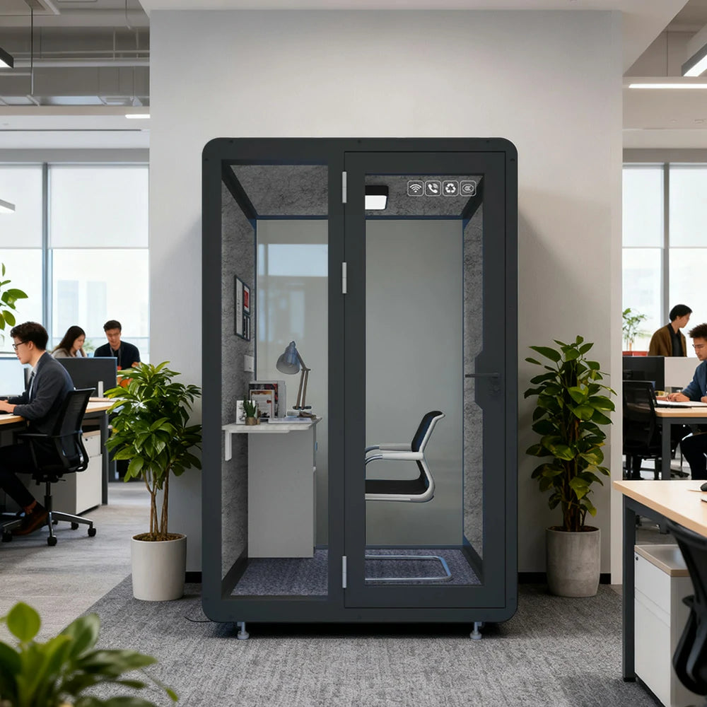 MODERA BJK-141221 Steel Panel 1.4x1.2m Soundproof Office Meeting Booth w/ Lighting, Ventilation & Casters - Black