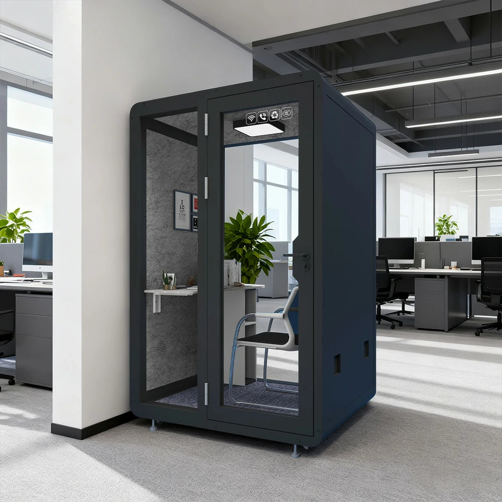 MODERA BJK-141221 Steel Panel 1.4x1.2m Soundproof Office Meeting Booth w/ Lighting, Ventilation & Casters - Black