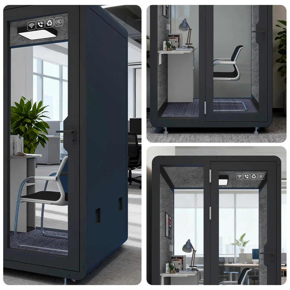 MODERA BJK-141221 Steel Panel 1.4x1.2m Soundproof Office Meeting Booth w/ Lighting, Ventilation & Casters - Black