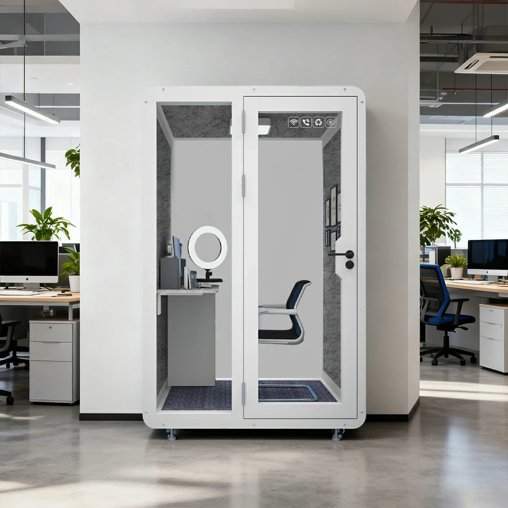 MODERA BJK-141221 Steel Panel 1.4x1.2m Soundproof Office Meeting Booth w/ Lighting, Ventilation & Casters - White