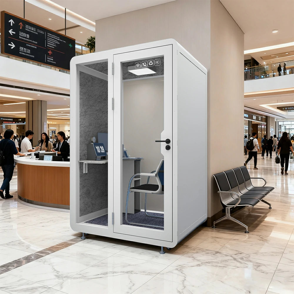 MODERA BJK-141221 Steel Panel 1.4x1.2m Soundproof Office Meeting Booth w/ Lighting, Ventilation & Casters - White