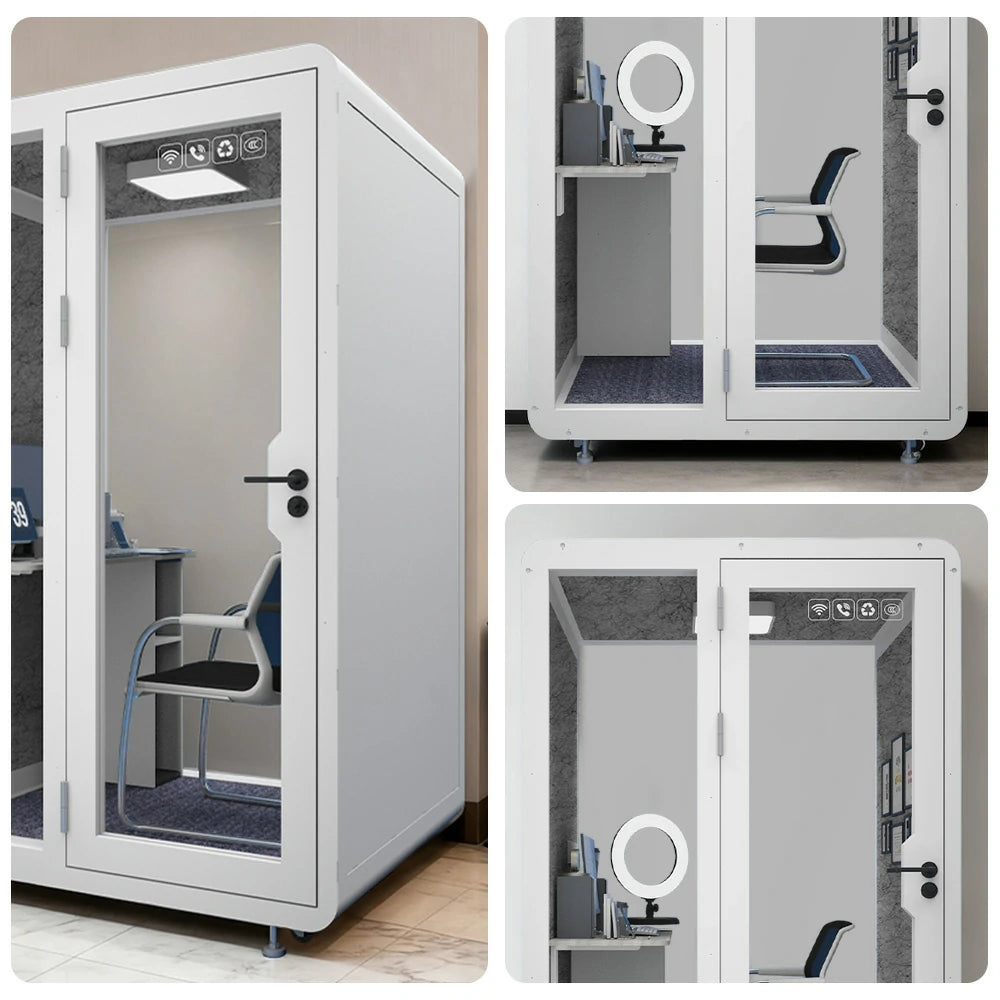 MODERA BJK-141221 Steel Panel 1.4x1.2m Soundproof Office Meeting Booth w/ Lighting, Ventilation & Casters - White