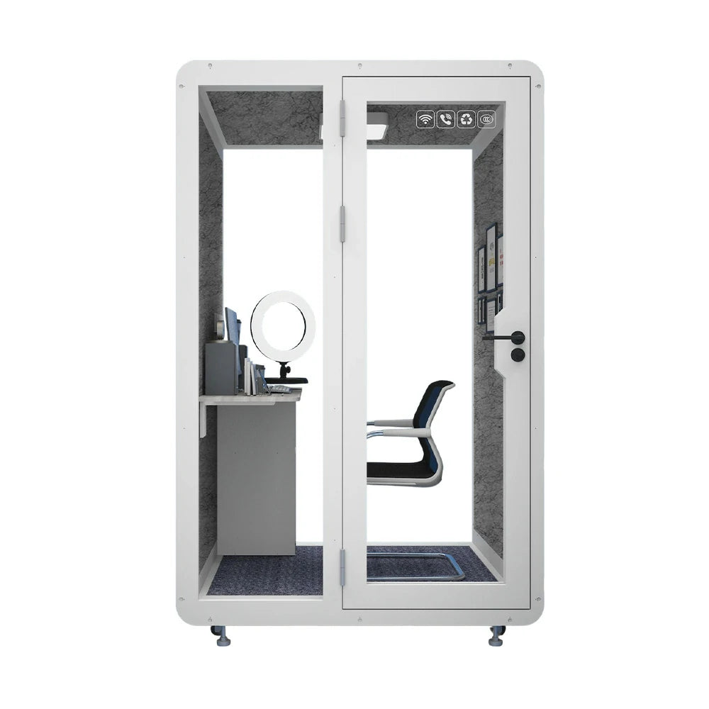 MODERA BJK-141221 Steel Panel 1.4x1.2m Soundproof Office Meeting Booth w/ Lighting, Ventilation & Casters - White