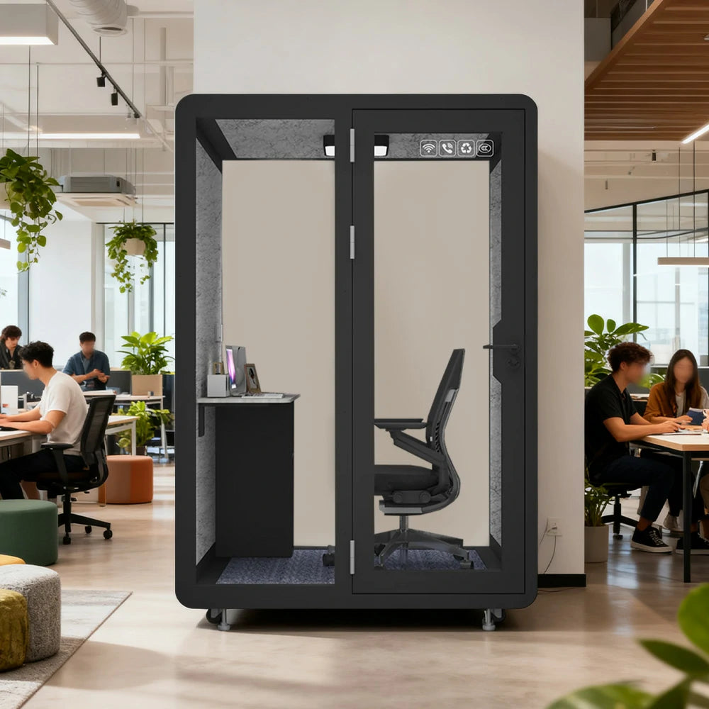 MODERA BJK-151321 Steel Panel 1.5x1.3m Soundproof Office Meeting Booth w/ Lighting, Ventilation & Casters - Black