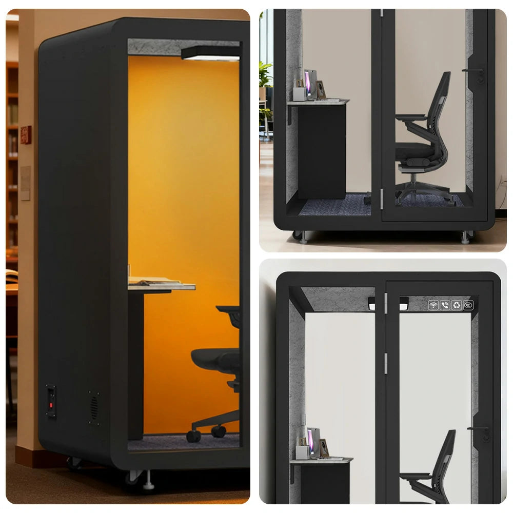 MODERA BJK-151321 Steel Panel 1.5x1.3m Soundproof Office Meeting Booth w/ Lighting, Ventilation & Casters - Black