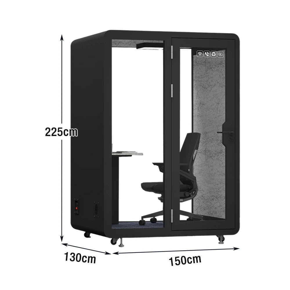 MODERA BJK-151321 Steel Panel 1.5x1.3m Soundproof Office Meeting Booth w/ Lighting, Ventilation & Casters - Black