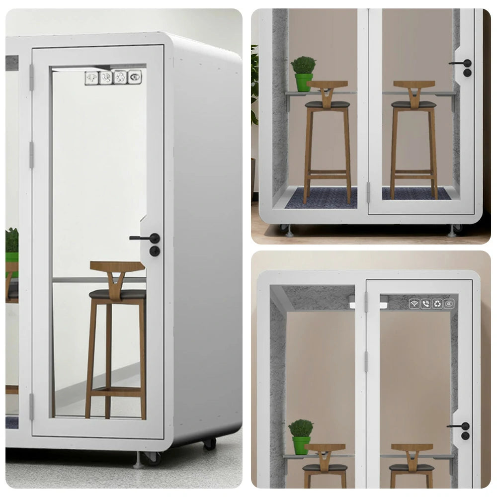 MODERA BJK-151321 Steel Panel 1.5x1.3m Soundproof Office Meeting Booth w/ Lighting, Ventilation & Casters - White