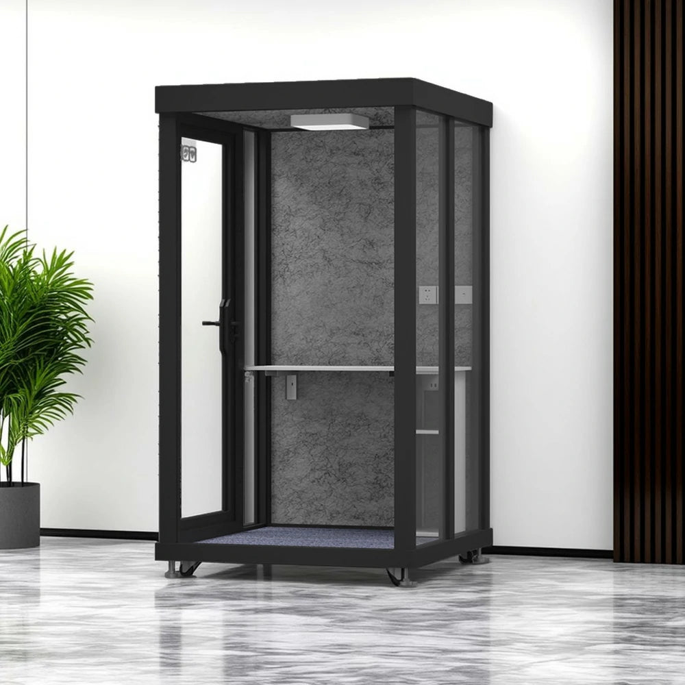 MODERA BLK-131221 Glass Panel 1.3x1.2m Soundproof Office Meeting Booth w/ Lighting, Ventilation & Casters - Black
