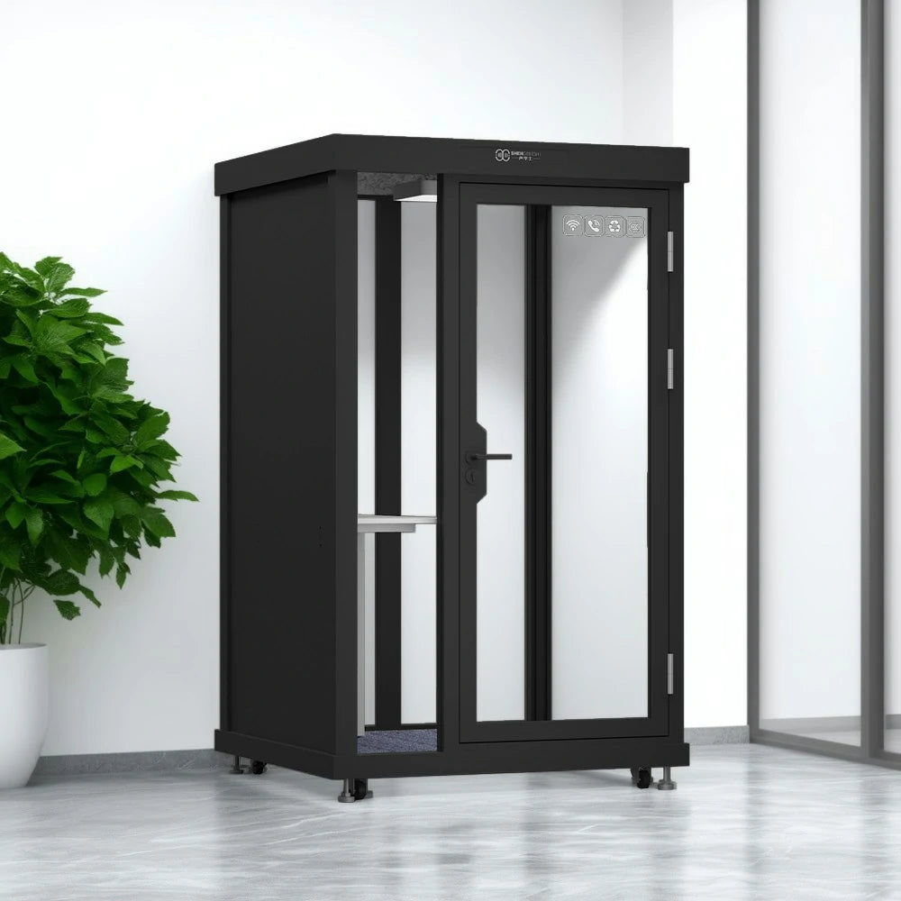 MODERA BLK-131221 Glass Panel 1.3x1.2m Soundproof Office Meeting Booth w/ Lighting, Ventilation & Casters - Black