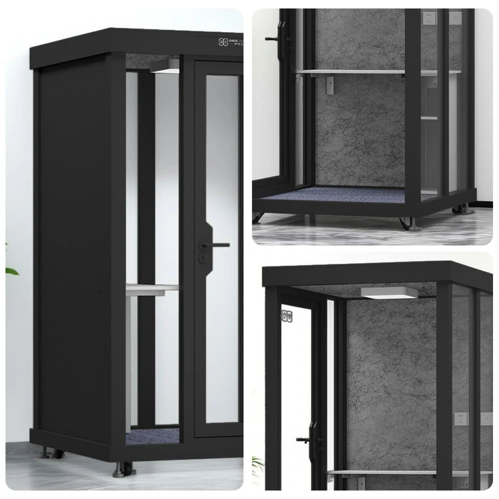 MODERA BLK-131221 Glass Panel 1.3x1.2m Soundproof Office Meeting Booth w/ Lighting, Ventilation & Casters - Black