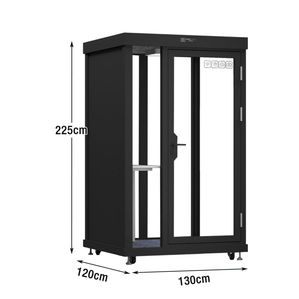 MODERA BLK-131221 Glass Panel 1.3x1.2m Soundproof Office Meeting Booth w/ Lighting, Ventilation & Casters - Black