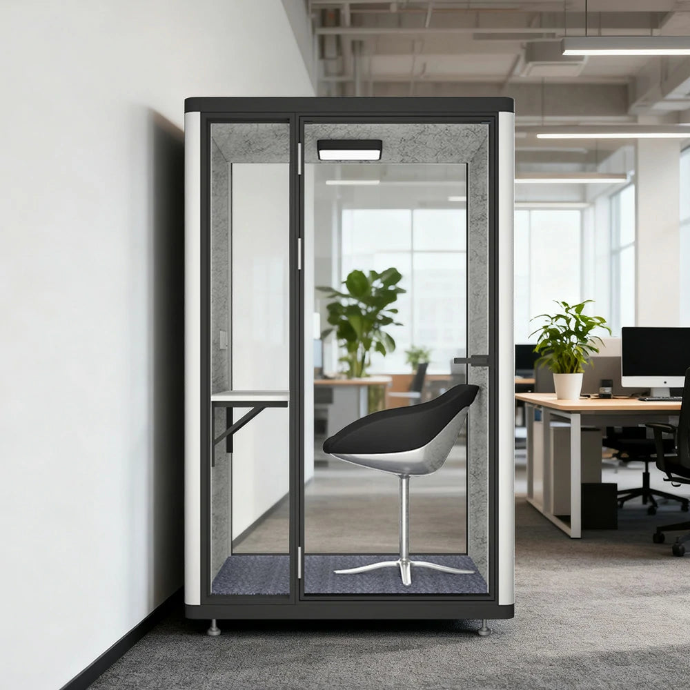 MODERA LCK-141221 Aluminium Frame 1x1m Soundproof Office Phone Pod Booth w/ Ventilation, Lighting & Casters - Black