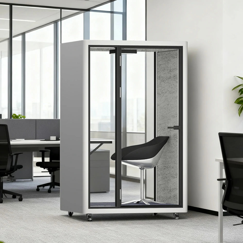 MODERA LCK-141221 Aluminium Frame 1x1m Soundproof Office Phone Pod Booth w/ Ventilation, Lighting & Casters - White