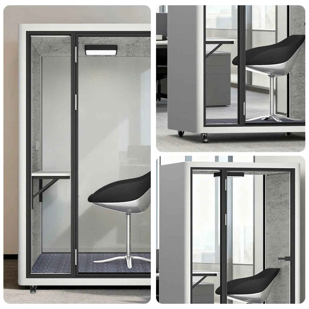 MODERA LCK-141221 Aluminium Frame 1x1m Soundproof Office Phone Pod Booth w/ Ventilation, Lighting & Casters - White