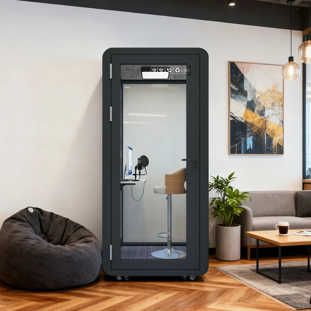 MODERA MWK-101021 Wood Grain 1.0x1.0m Soundproof Office Meeting Booth w/ Lighting, Ventilation & Casters - Black