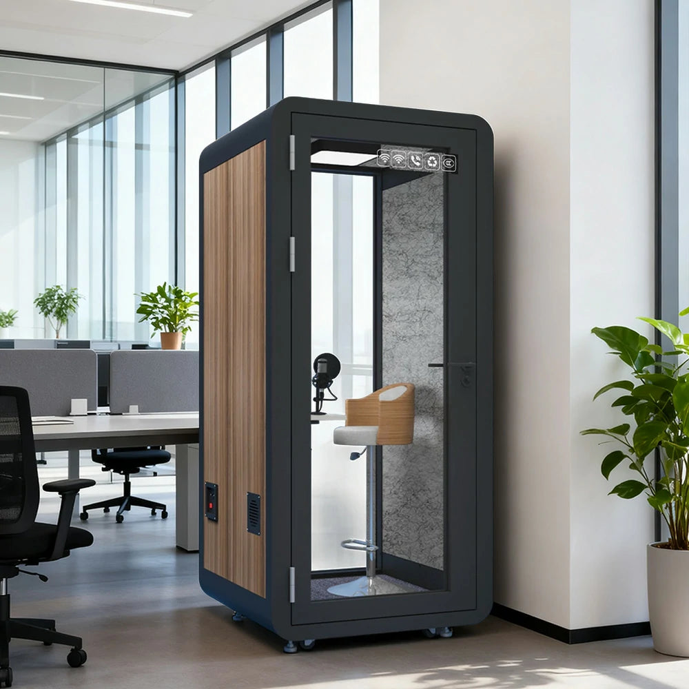 MODERA MWK-101021 Wood Grain 1.0x1.0m Soundproof Office Meeting Booth w/ Lighting, Ventilation & Casters - Black