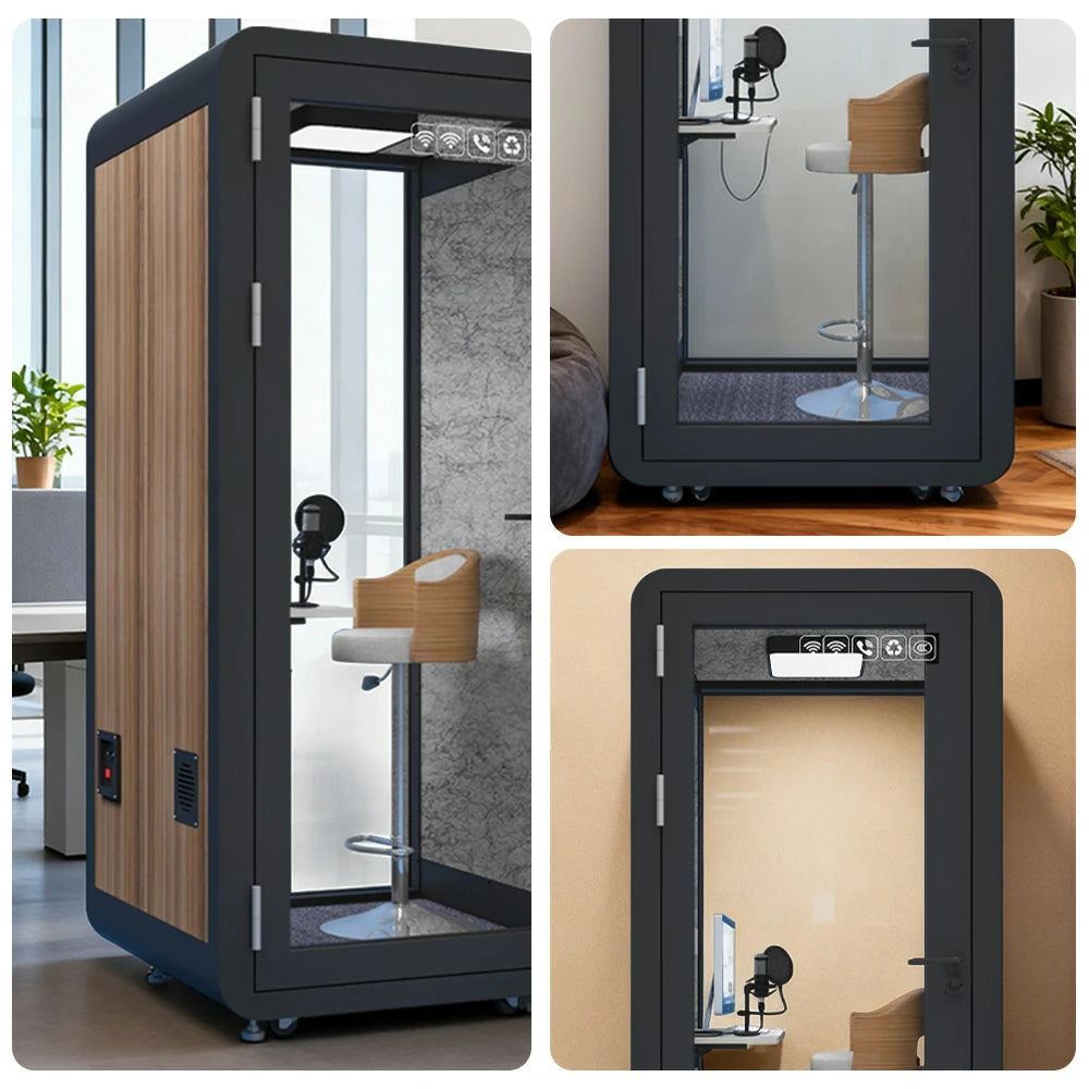 MODERA MWK-101021 Wood Grain 1.0x1.0m Soundproof Office Meeting Booth w/ Lighting, Ventilation & Casters - Black