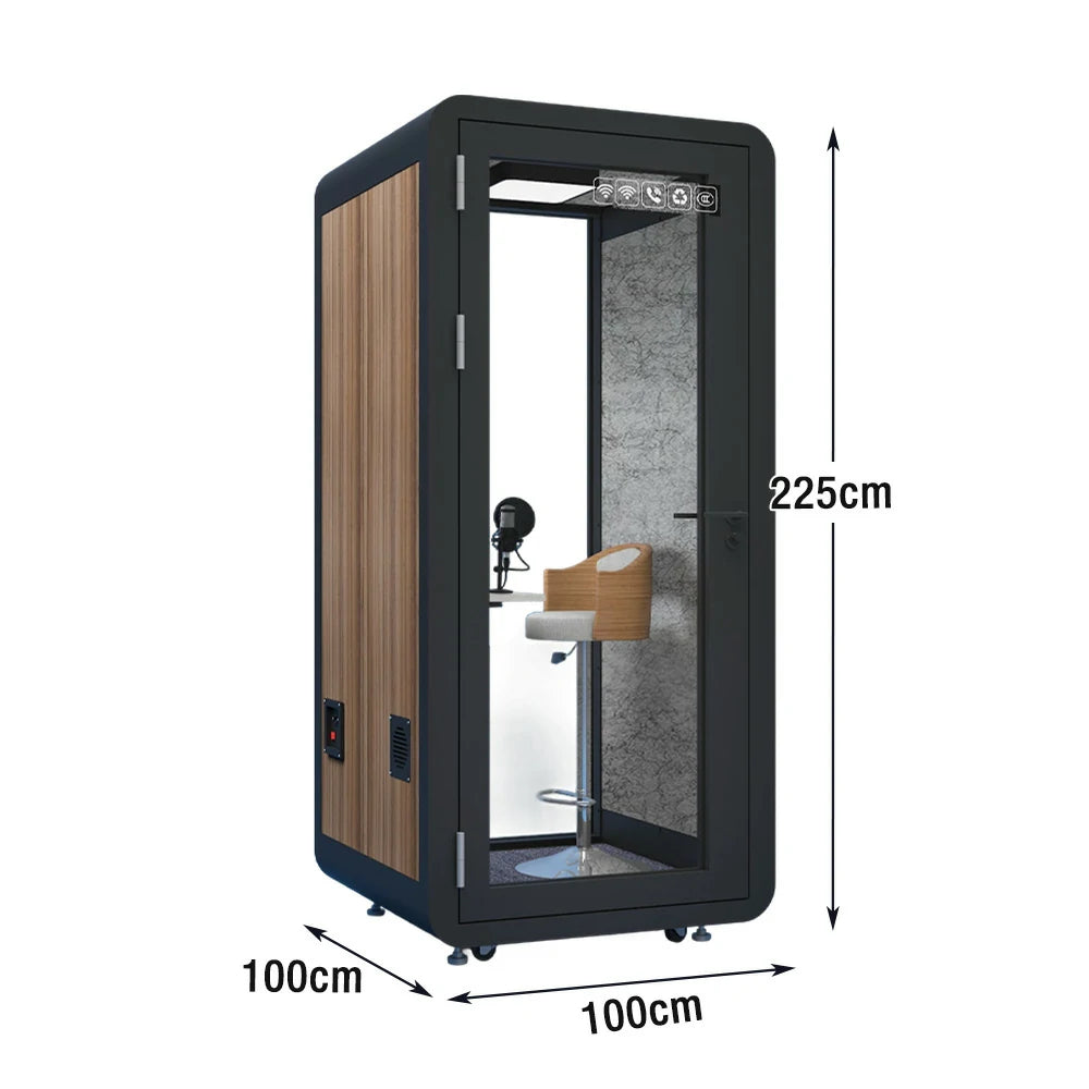 MODERA MWK-101021 Wood Grain 1.0x1.0m Soundproof Office Meeting Booth w/ Lighting, Ventilation & Casters - Black