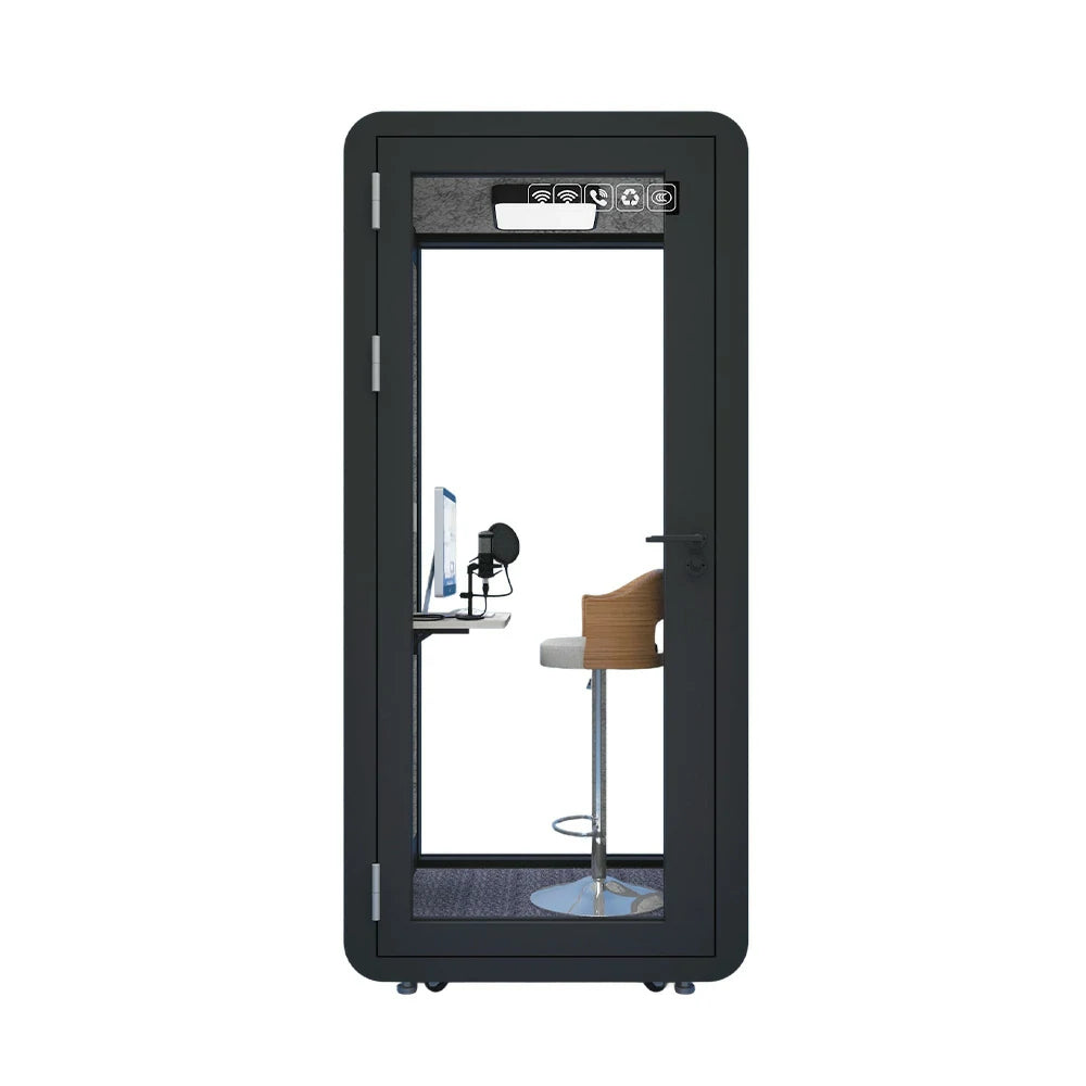 MODERA MWK-101021 Wood Grain 1.0x1.0m Soundproof Office Meeting Booth w/ Lighting, Ventilation & Casters - Black