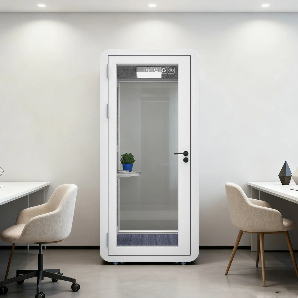 MODERA MWK-101021 Wood Grain 1.0x1.0m Soundproof Office Meeting Booth w/ Lighting, Ventilation & Casters - White