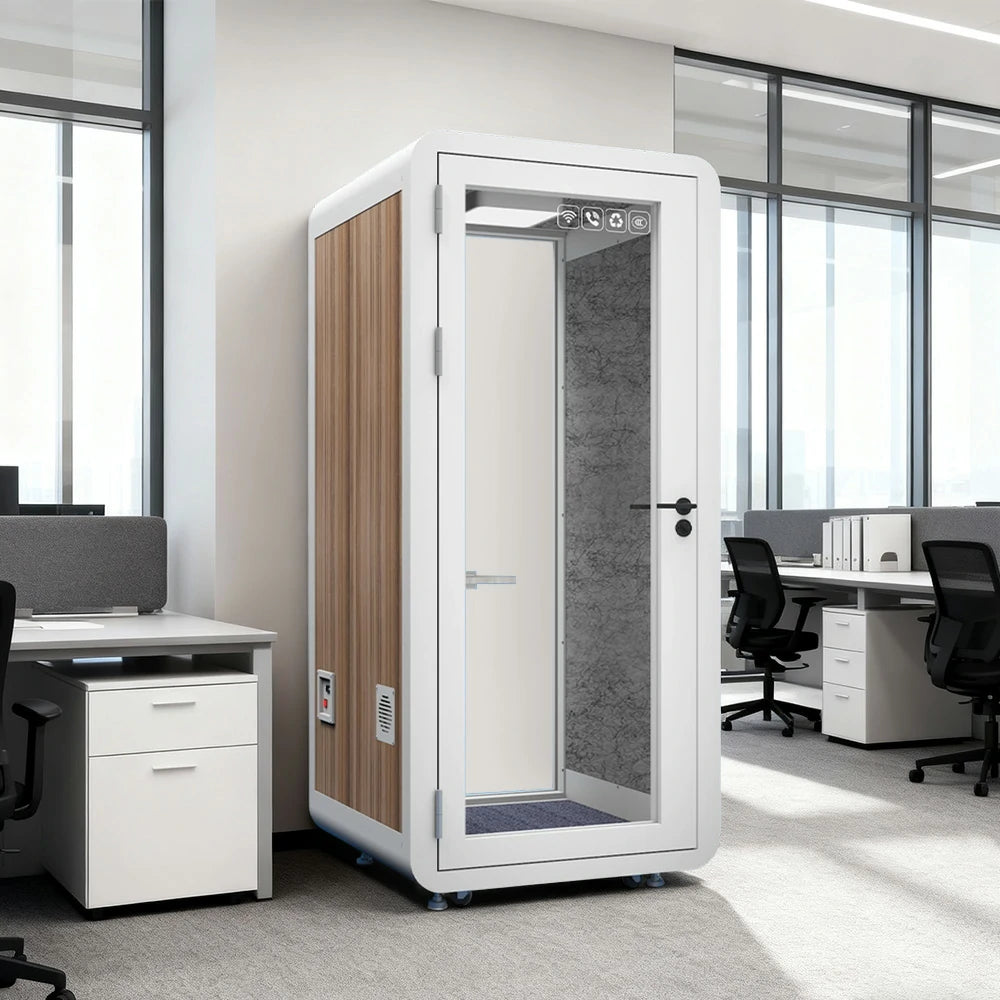 MODERA MWK-101021 Wood Grain 1.0x1.0m Soundproof Office Meeting Booth w/ Lighting, Ventilation & Casters - White