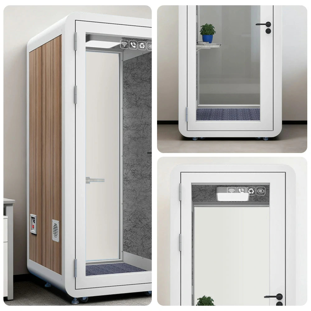 MODERA MWK-101021 Wood Grain 1.0x1.0m Soundproof Office Meeting Booth w/ Lighting, Ventilation & Casters - White