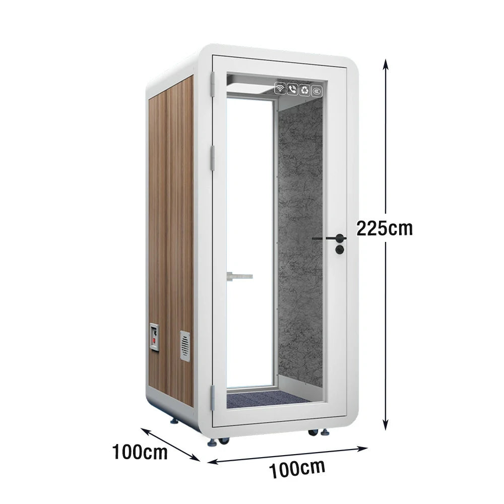 MODERA MWK-101021 Wood Grain 1.0x1.0m Soundproof Office Meeting Booth w/ Lighting, Ventilation & Casters - White
