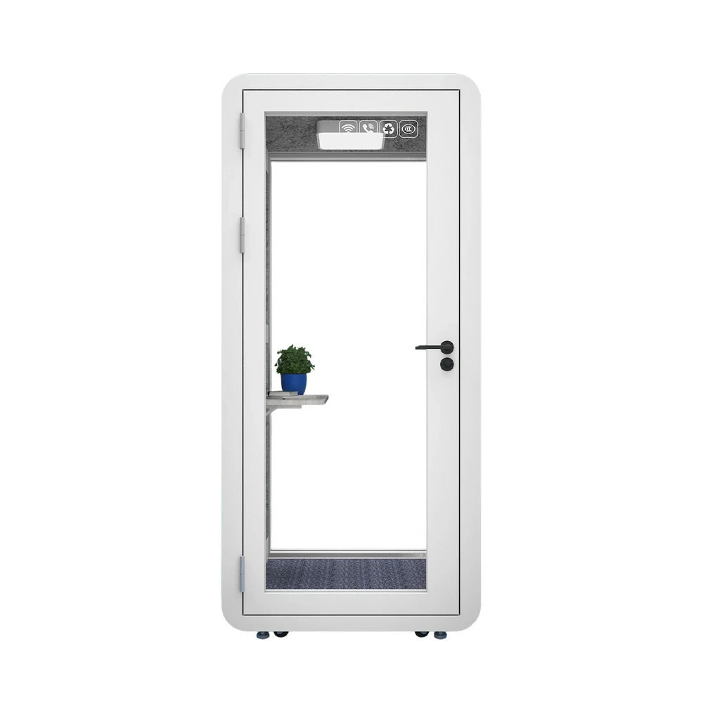 MODERA MWK-101021 Wood Grain 1.0x1.0m Soundproof Office Meeting Booth w/ Lighting, Ventilation & Casters - White