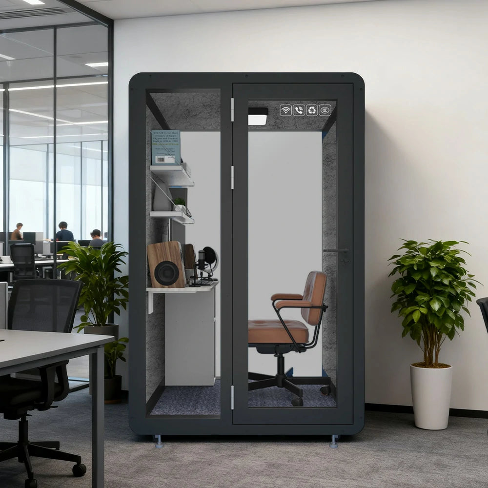 MODERA MWK-141221 Wood Grain 1.4x1.2m Soundproof Office Meeting Booth w/ Lighting, Ventilation & Casters - Black