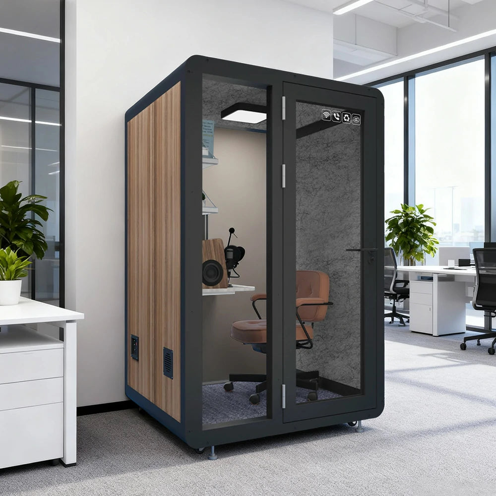 MODERA MWK-141221 Wood Grain 1.4x1.2m Soundproof Office Meeting Booth w/ Lighting, Ventilation & Casters - Black