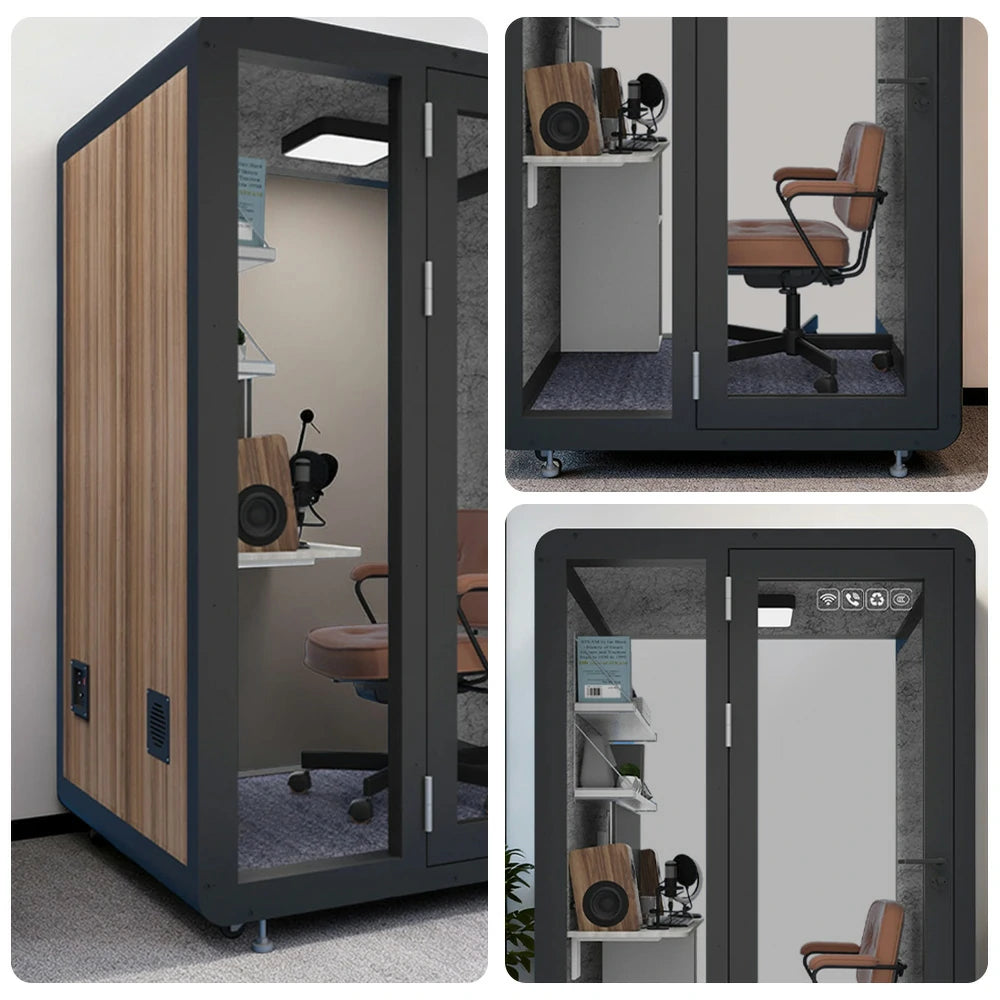 MODERA MWK-141221 Wood Grain 1.4x1.2m Soundproof Office Meeting Booth w/ Lighting, Ventilation & Casters - Black