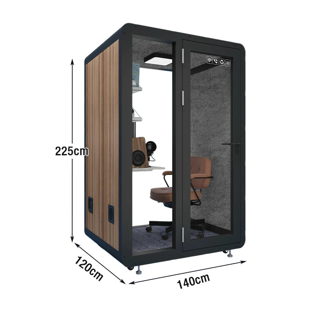 MODERA MWK-141221 Wood Grain 1.4x1.2m Soundproof Office Meeting Booth w/ Lighting, Ventilation & Casters - Black