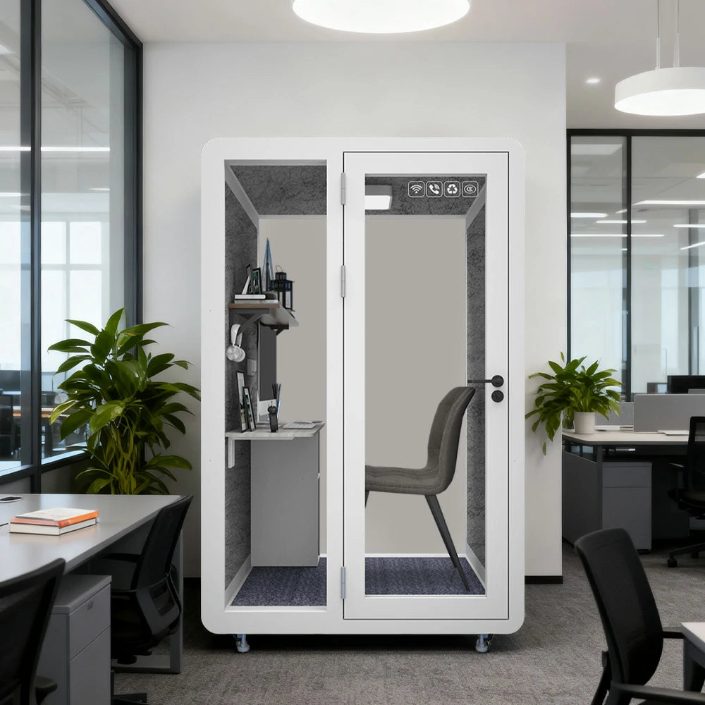 MODERA MWK-141221 Wood Grain 1.4x1.2m Soundproof Office Meeting Booth w/ Lighting, Ventilation & Casters - White