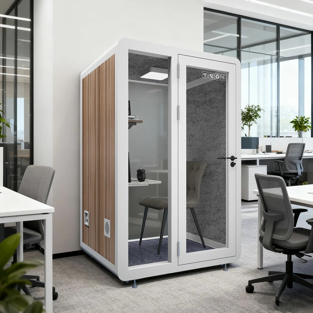 MODERA MWK-141221 Wood Grain 1.4x1.2m Soundproof Office Meeting Booth w/ Lighting, Ventilation & Casters - White