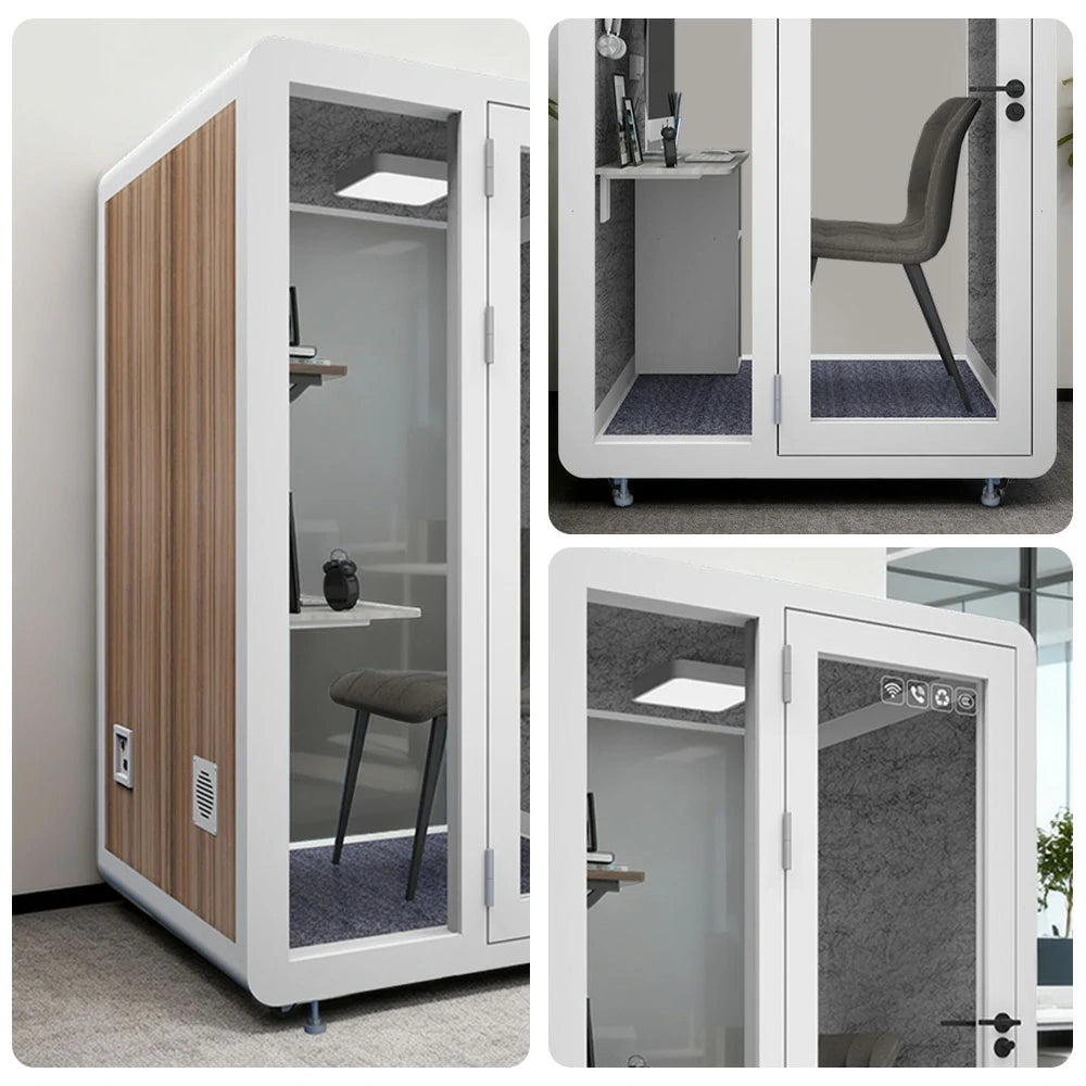 MODERA MWK-141221 Wood Grain 1.4x1.2m Soundproof Office Meeting Booth w/ Lighting, Ventilation & Casters - White