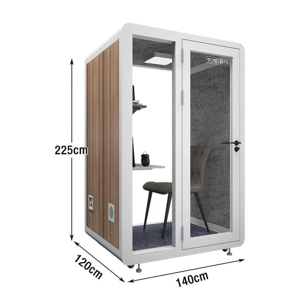 MODERA MWK-141221 Wood Grain 1.4x1.2m Soundproof Office Meeting Booth w/ Lighting, Ventilation & Casters - White