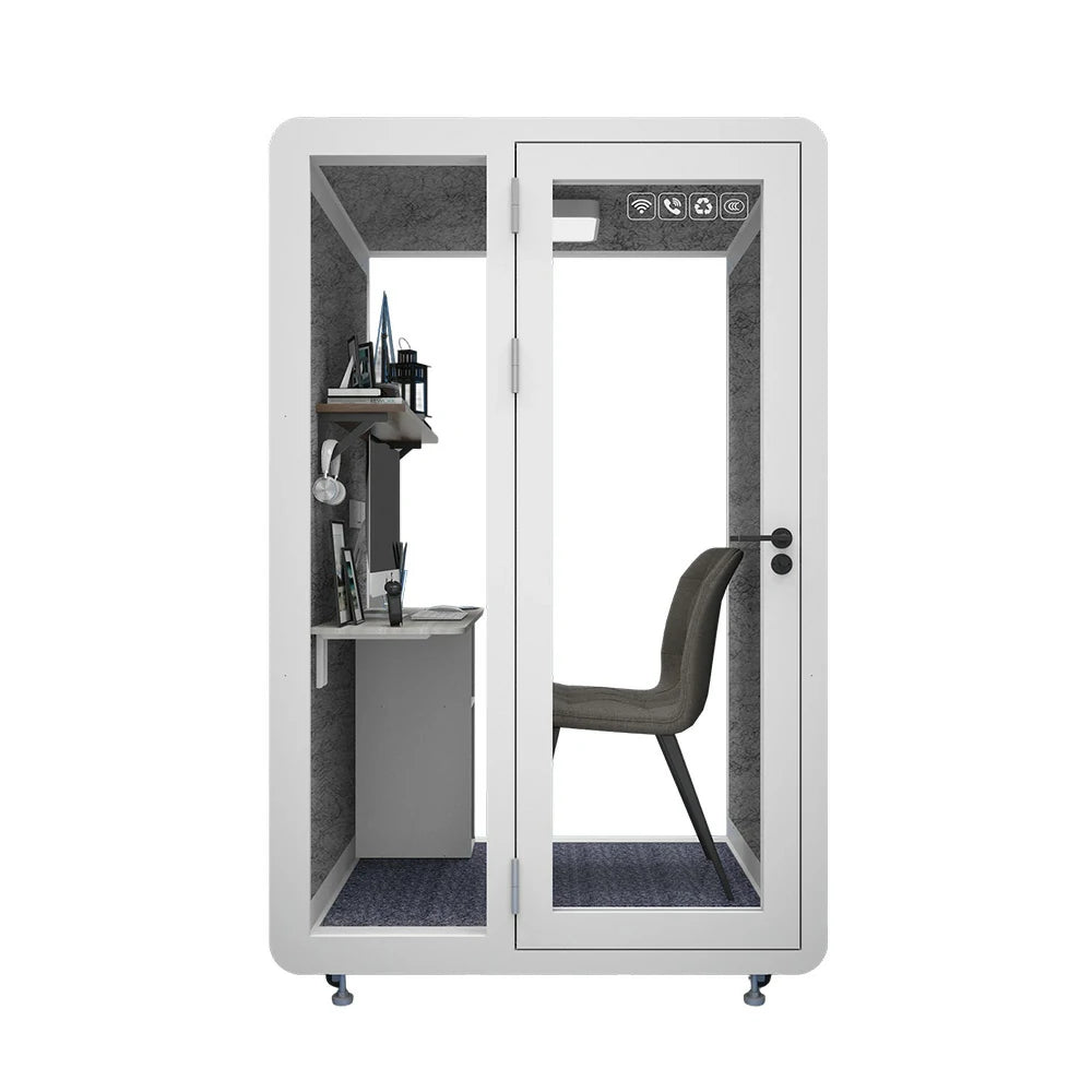 MODERA MWK-141221 Wood Grain 1.4x1.2m Soundproof Office Meeting Booth w/ Lighting, Ventilation & Casters - White