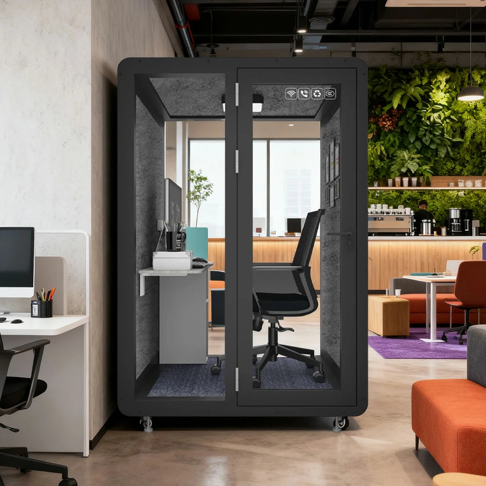 MODERA MWK-151521 Wood Grain 1.5x1.5m Soundproof Office Meeting Booth w/ Lighting, Ventilation & Casters - Black