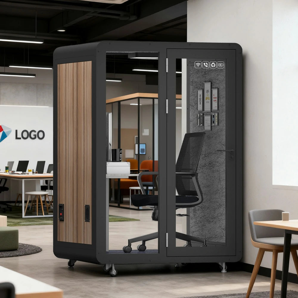MODERA MWK-151521 Wood Grain 1.5x1.5m Soundproof Office Meeting Booth w/ Lighting, Ventilation & Casters - Black