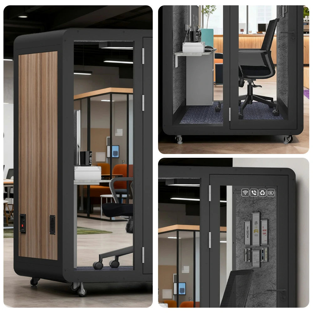 MODERA MWK-151521 Wood Grain 1.5x1.5m Soundproof Office Meeting Booth w/ Lighting, Ventilation & Casters - Black