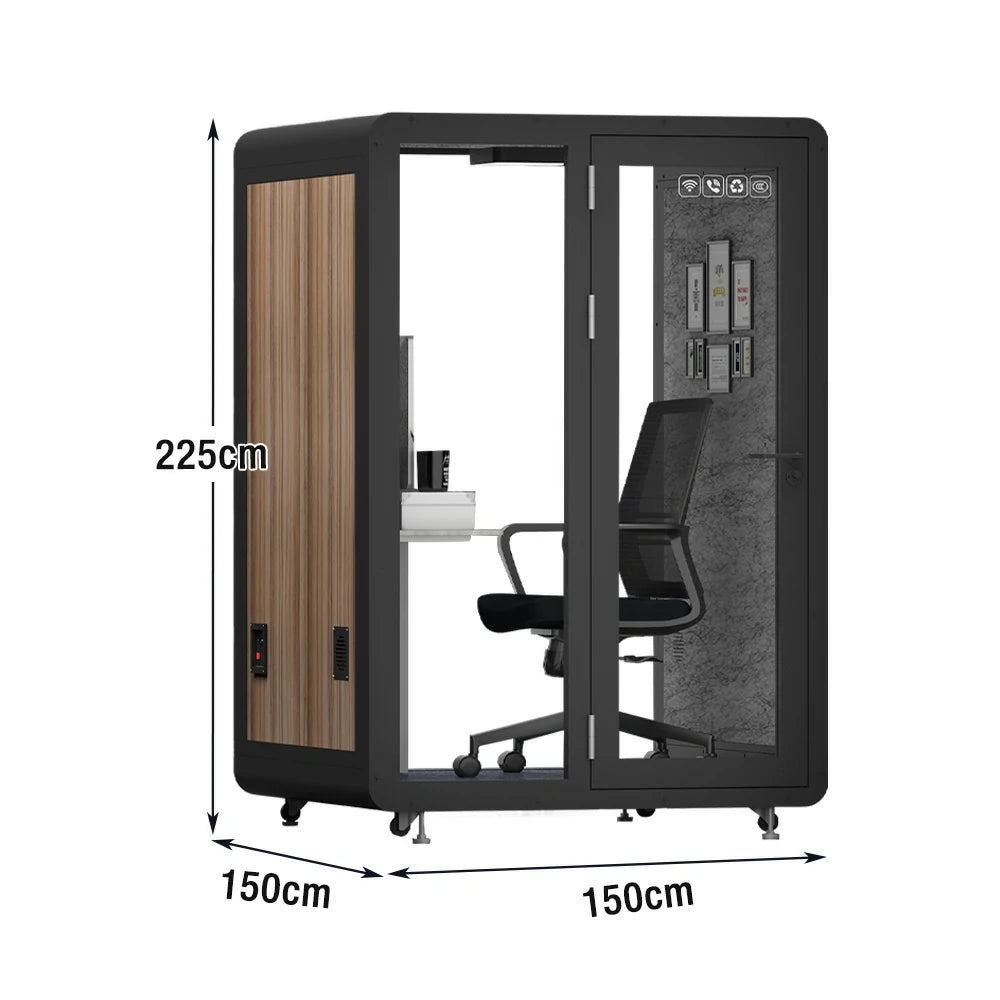 MODERA MWK-151521 Wood Grain 1.5x1.5m Soundproof Office Meeting Booth w/ Lighting, Ventilation & Casters - Black
