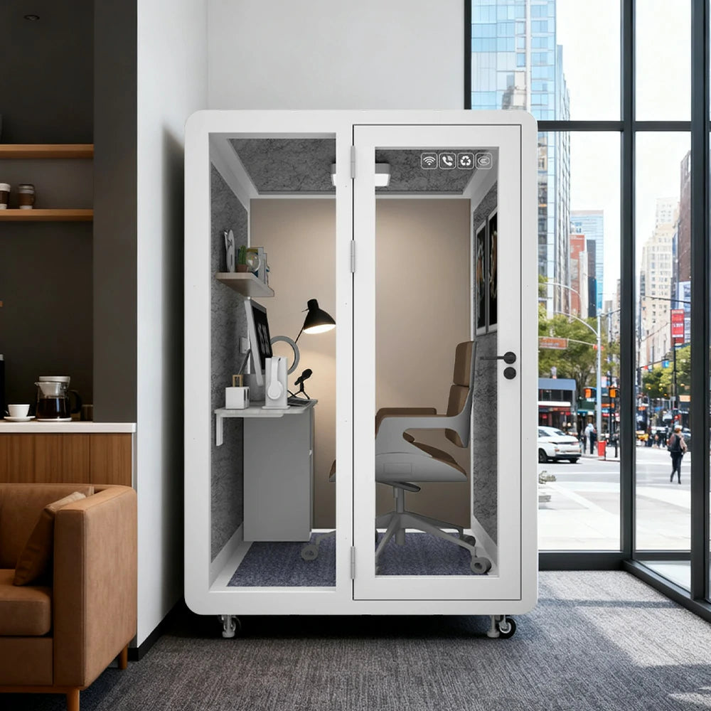 MODERA MWK-151521 Wood Grain 1.5x1.5m Soundproof Office Meeting Booth w/ Lighting, Ventilation & Casters - White