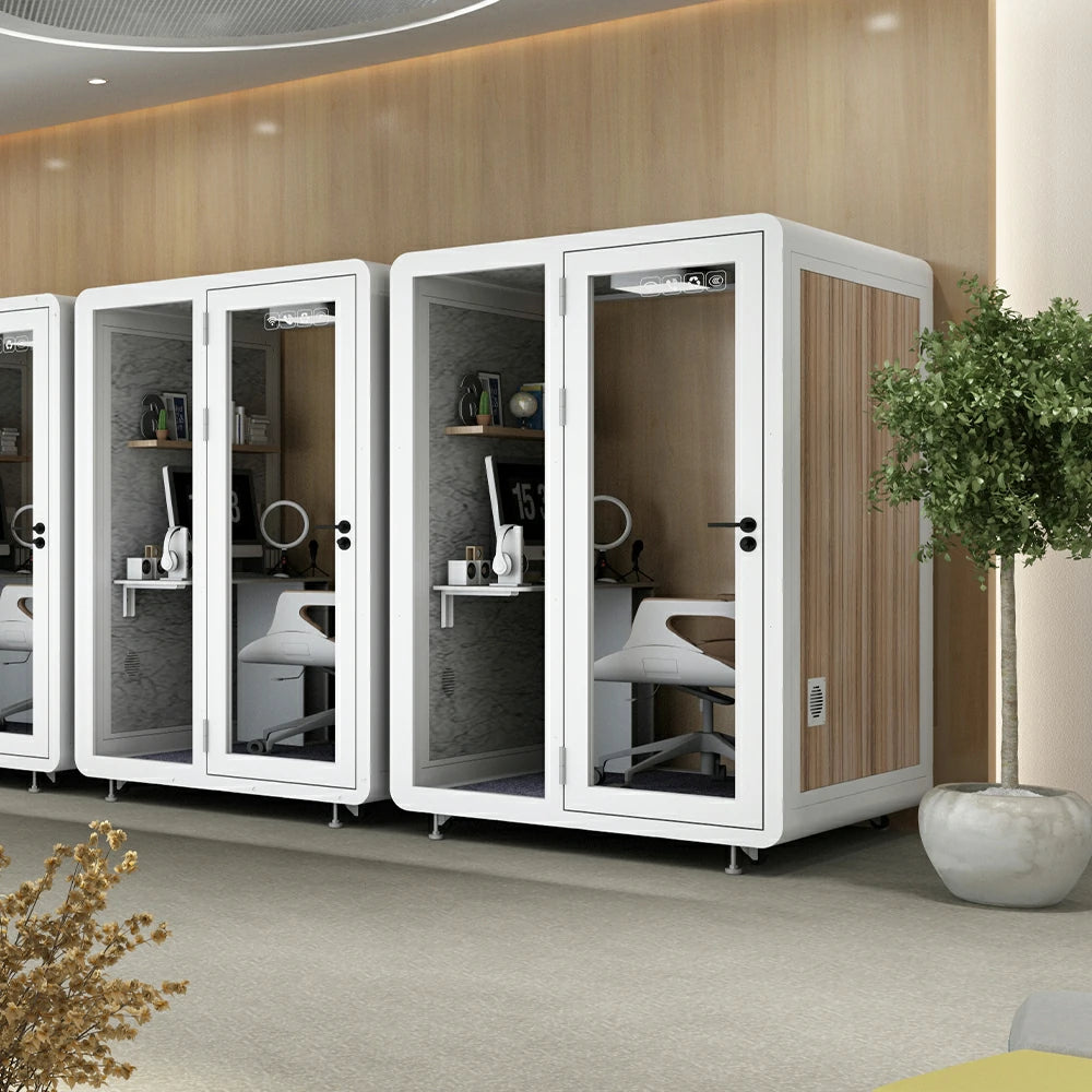 MODERA MWK-151521 Wood Grain 1.5x1.5m Soundproof Office Meeting Booth w/ Lighting, Ventilation & Casters - White