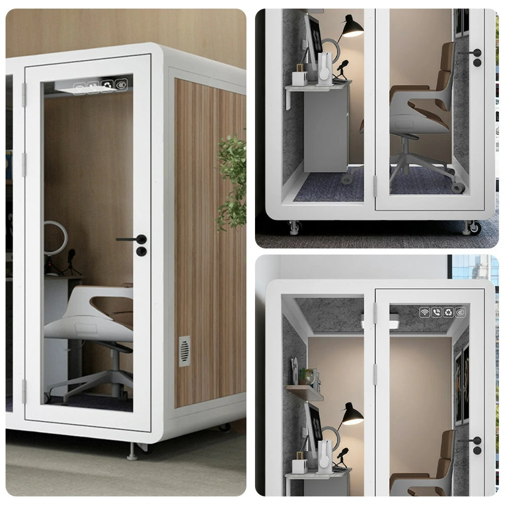 MODERA MWK-151521 Wood Grain 1.5x1.5m Soundproof Office Meeting Booth w/ Lighting, Ventilation & Casters - White