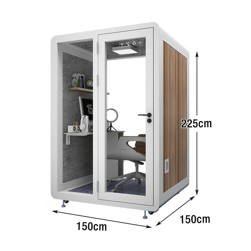 MODERA MWK-151521 Wood Grain 1.5x1.5m Soundproof Office Meeting Booth w/ Lighting, Ventilation & Casters - White